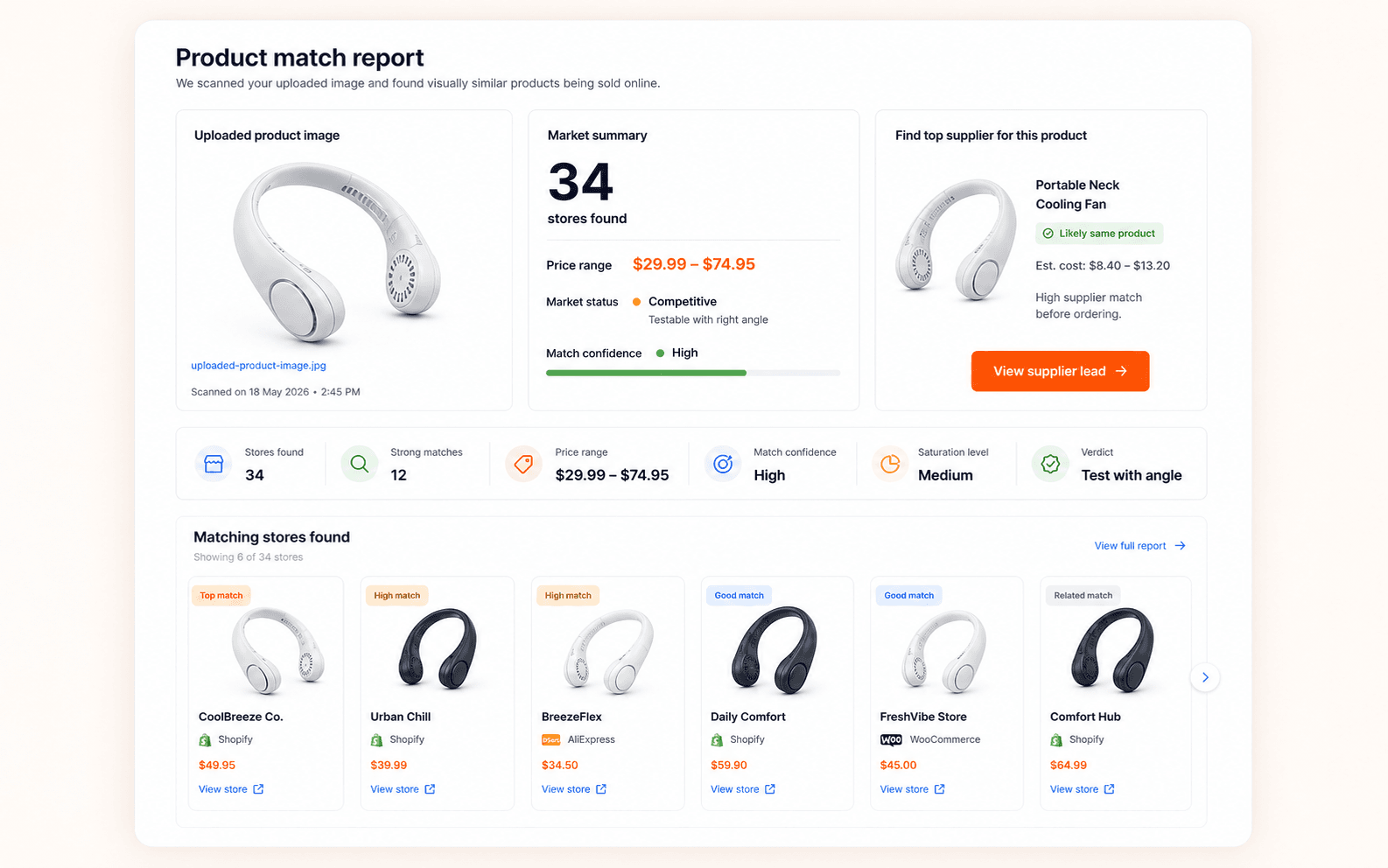 Visual Proof product match report showing uploaded product image, stores found, price range, and supplier lead